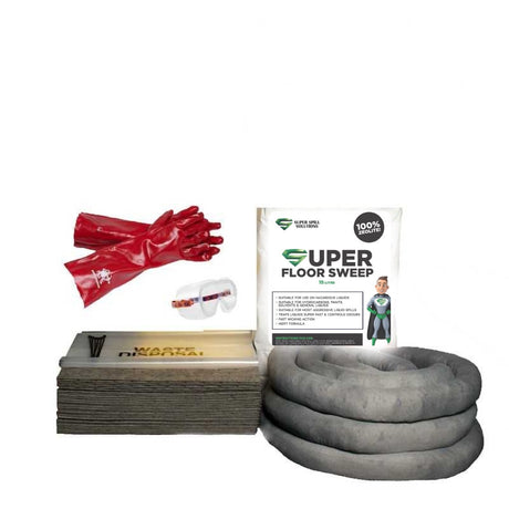 A General Purpose Spill Kit Refill Pack, including absorbent pads, booms, a floor sweep absorbent, red PVC gloves, goggles a waste disposal bag and ties, and an audit seal tag.
