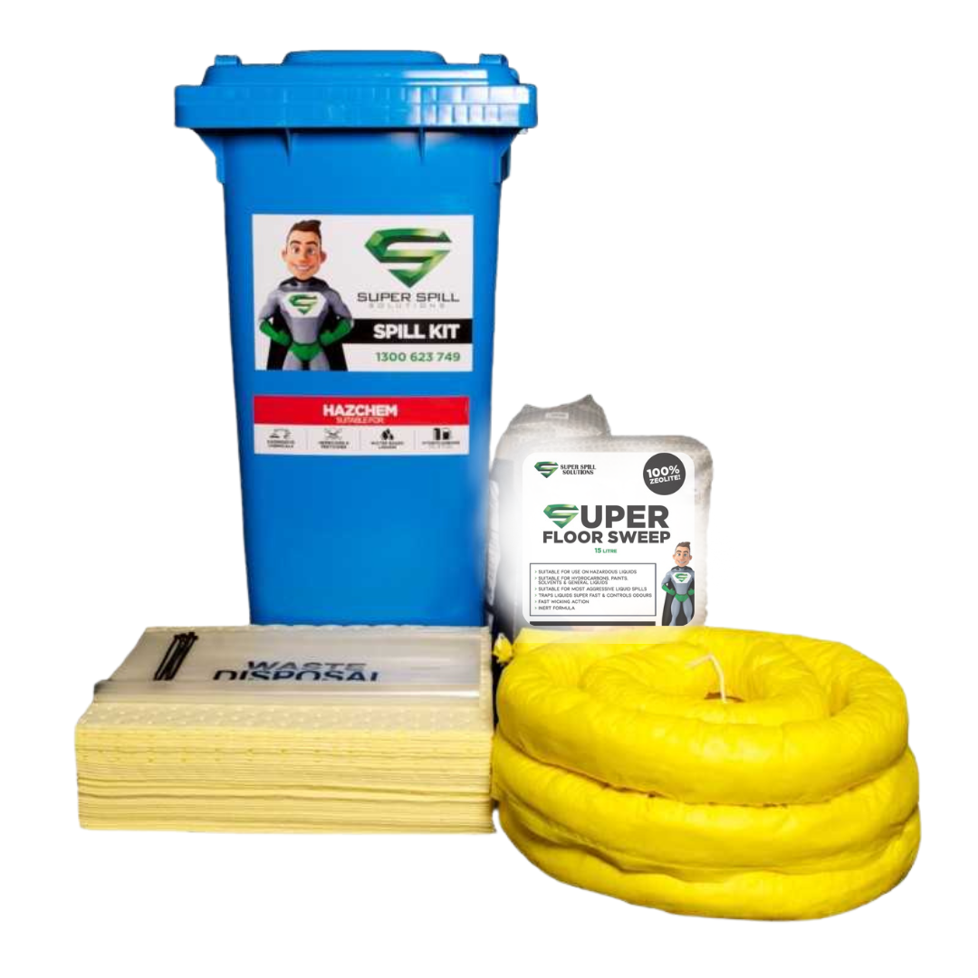 A 120L blue wheelie bin labeled 'Hazchem Spill Kit' with various components of the spill kit including yellow absorbent pads, a white boom, and a yellow floor sweep absorbent.
