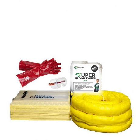 A collection of spill kit refill items including yellow absorbent pads, red booms, a white floor sweep, a yellow boom, clear gloves,