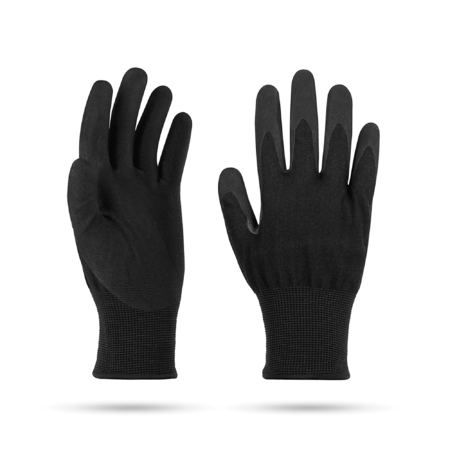 A pair of black safety gloves designed for puncture resistance with a nitrile coated palm for grip.