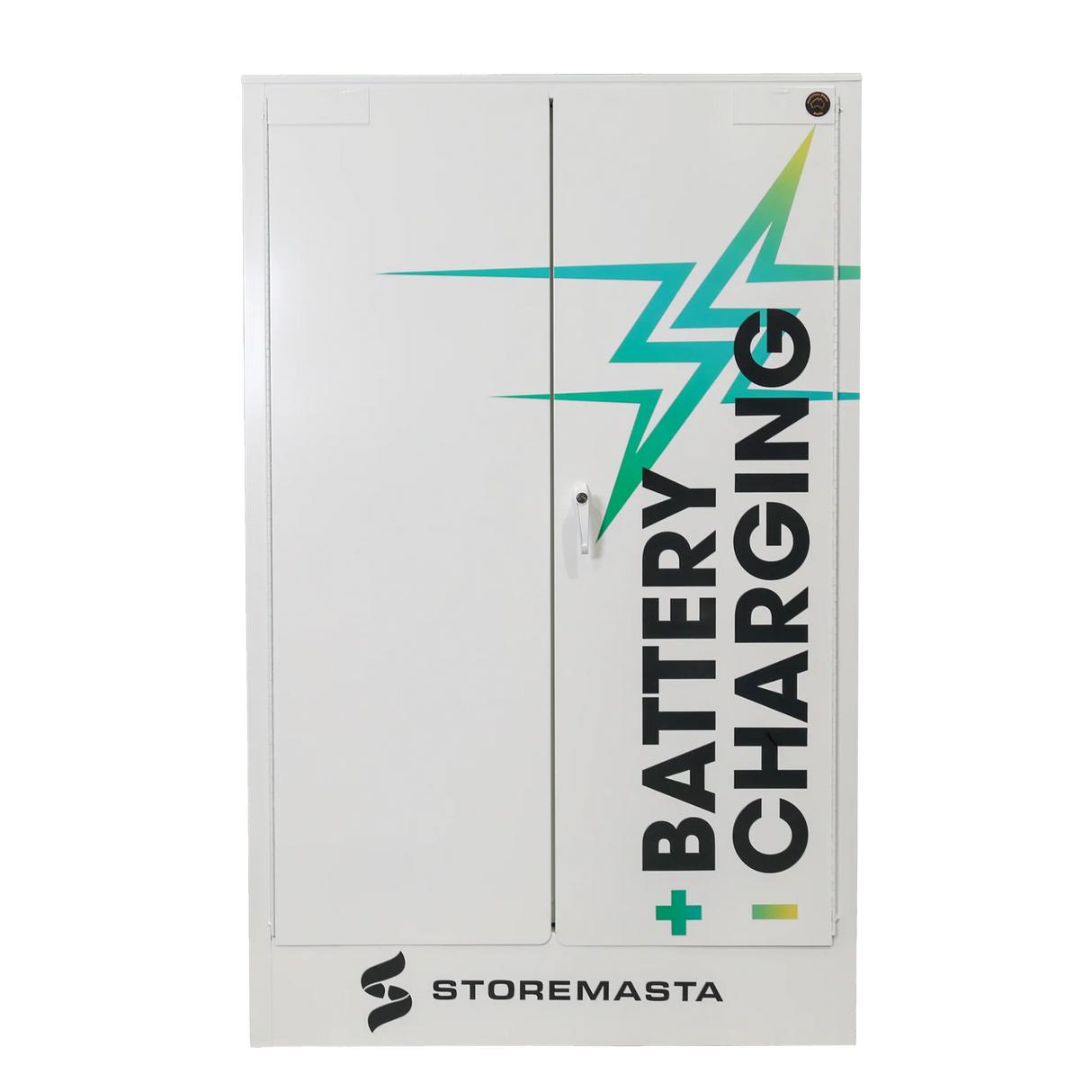 An 18 outlet battery charging cabinet with a white finish, featuring a blue and green lightning bolt design and the brand name 'STOREMASTA' on the front.