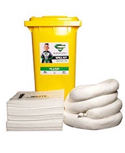 A 240L yellow wheelie bin labeled 'Marine Spill Kit' with a green and white label, accompanied by a set of white oil and fuel pads, a yellow floating boom, and a stack of grey waste bags and ties.