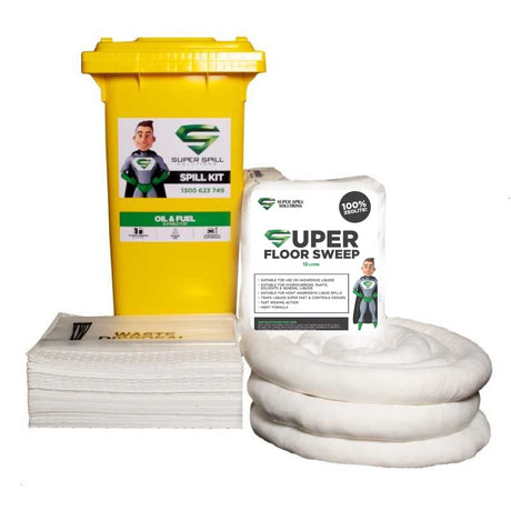 A 240L oil and fuel spill kit with absorbent pads, booms, and loose absorbent materials, displayed with a yellow container, white absorbent pads, and a superhero-themed label spill kit