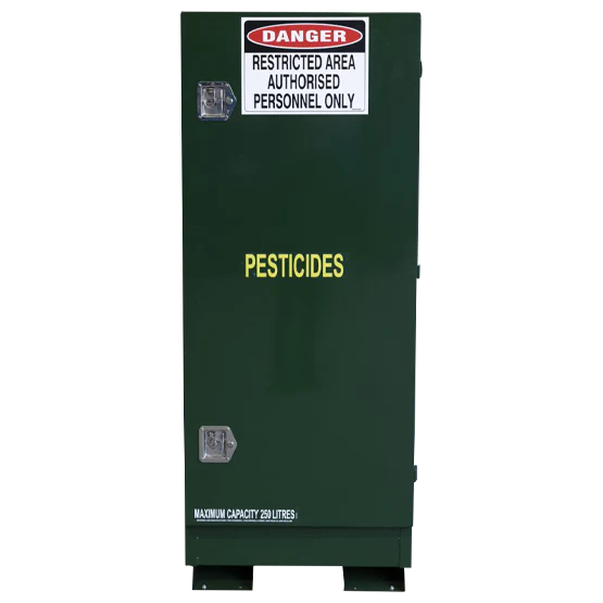 A green outdoor pesticides store with a warning sign indicating restricted area, authorized personnel only, and a label stating 'PESTICIDES'.