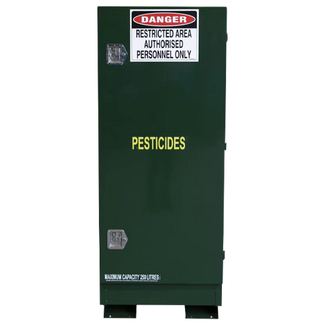 A green outdoor pesticides store with a warning sign indicating restricted area, authorized personnel only, and a label stating 'PESTICIDES'.