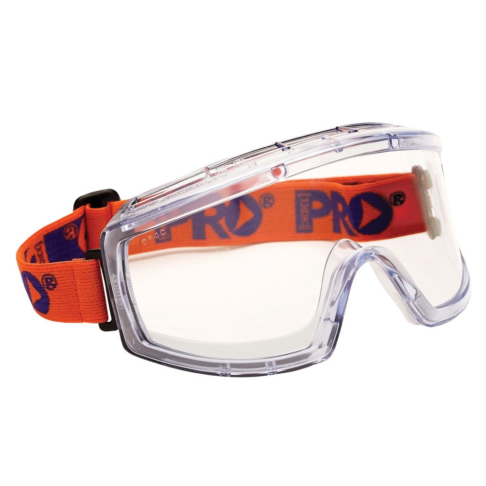 A pair of clear safety goggles with a comfortable PVC frame and a strap with the brand name displayed.