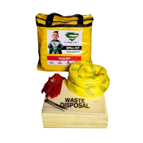 spill kit bag with yellow pads, red pic gloves and a absorbent yellow boom