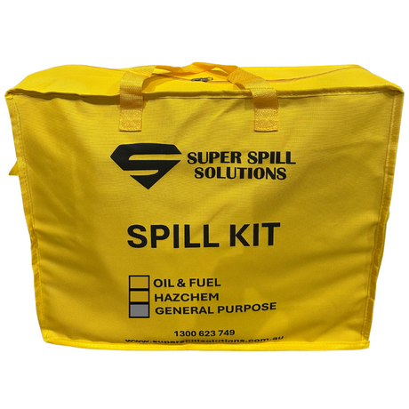 Yellow spill kit bag with the brand 'Super Spill Solutions' printed on it, along with labels 'SPILL KIT', 'OIL & FUEL', 'HAZCHEM', and 'GENERAL PURPOSE'.