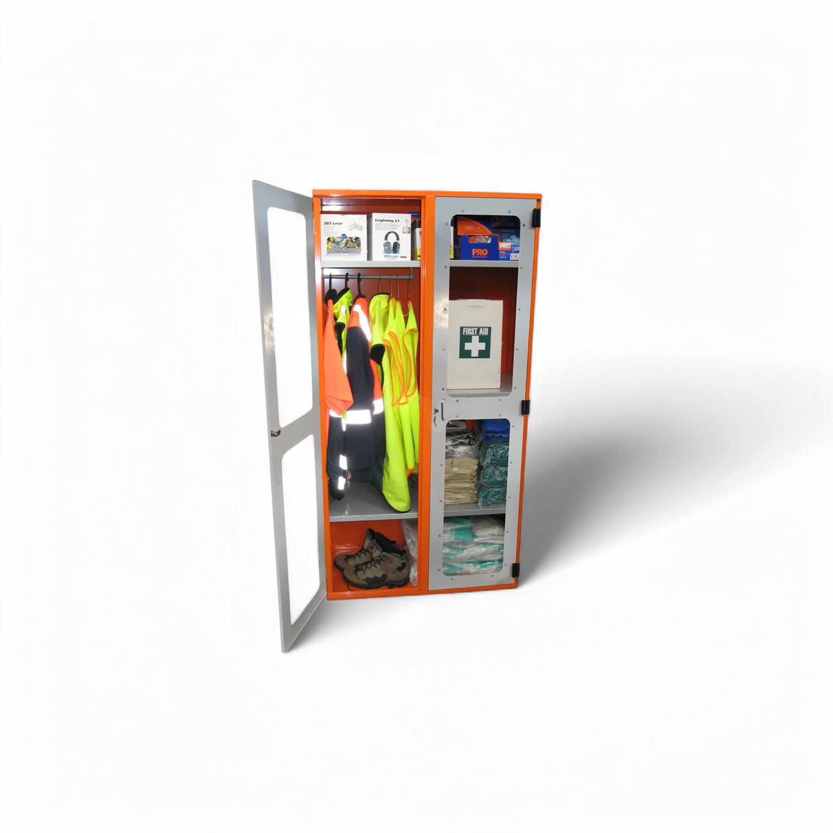 A PPE storage cabinet with double perspex doors and a hanging rail,