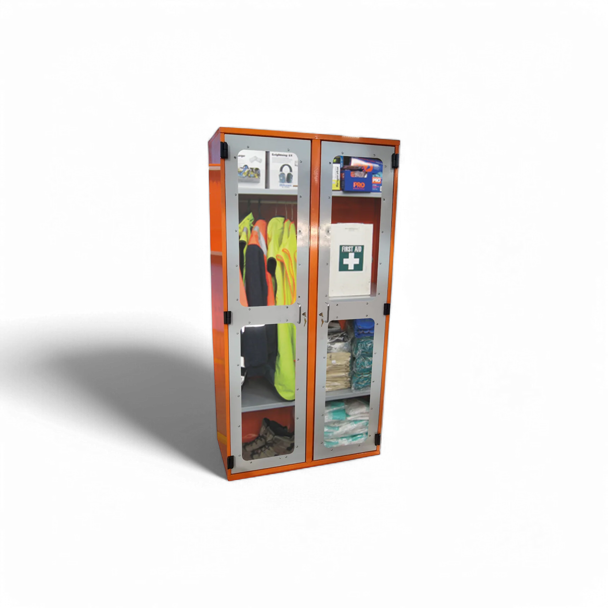 A PPE storage cabinet with double perspex doors and a hanging rail, featuring various personal protective equipment such as gloves and goggles.