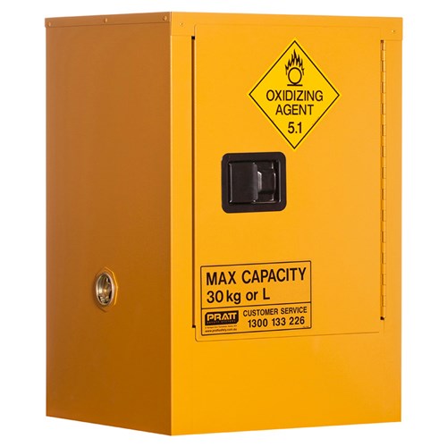 A yellow 30 Litre Oxidising Agent Storage Cabinet with a black lock handle and a diamond label with oxidising agent 5.1 and a label that says the maximum capacity of 30kg or Litres
