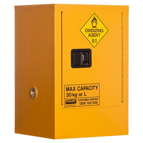 A yellow 30 Litre Oxidising Agent Storage Cabinet with a black lock handle and a diamond label with oxidising agent 5.1 and a label that says the maximum capacity of 30kg or Litres
