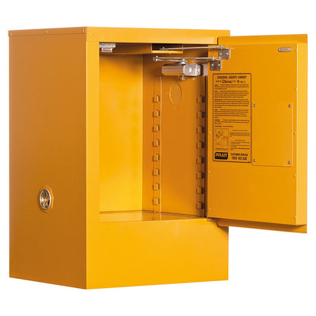 A yellow 30 Litres Oxidising Agent Storage Cabinet with a open door and a label that includes the maximum capacity of 30Litres