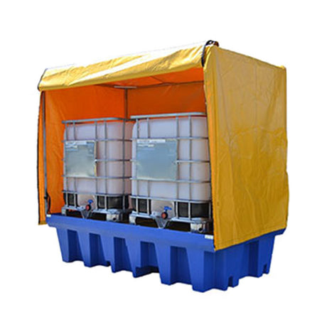 A yellow PVC cover  Cover and Frame on a double IBC blue spill bund pallet