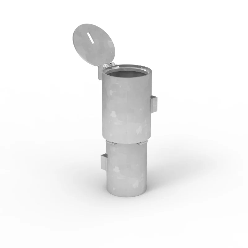 Metallic cylindrical object with a lid on a white background