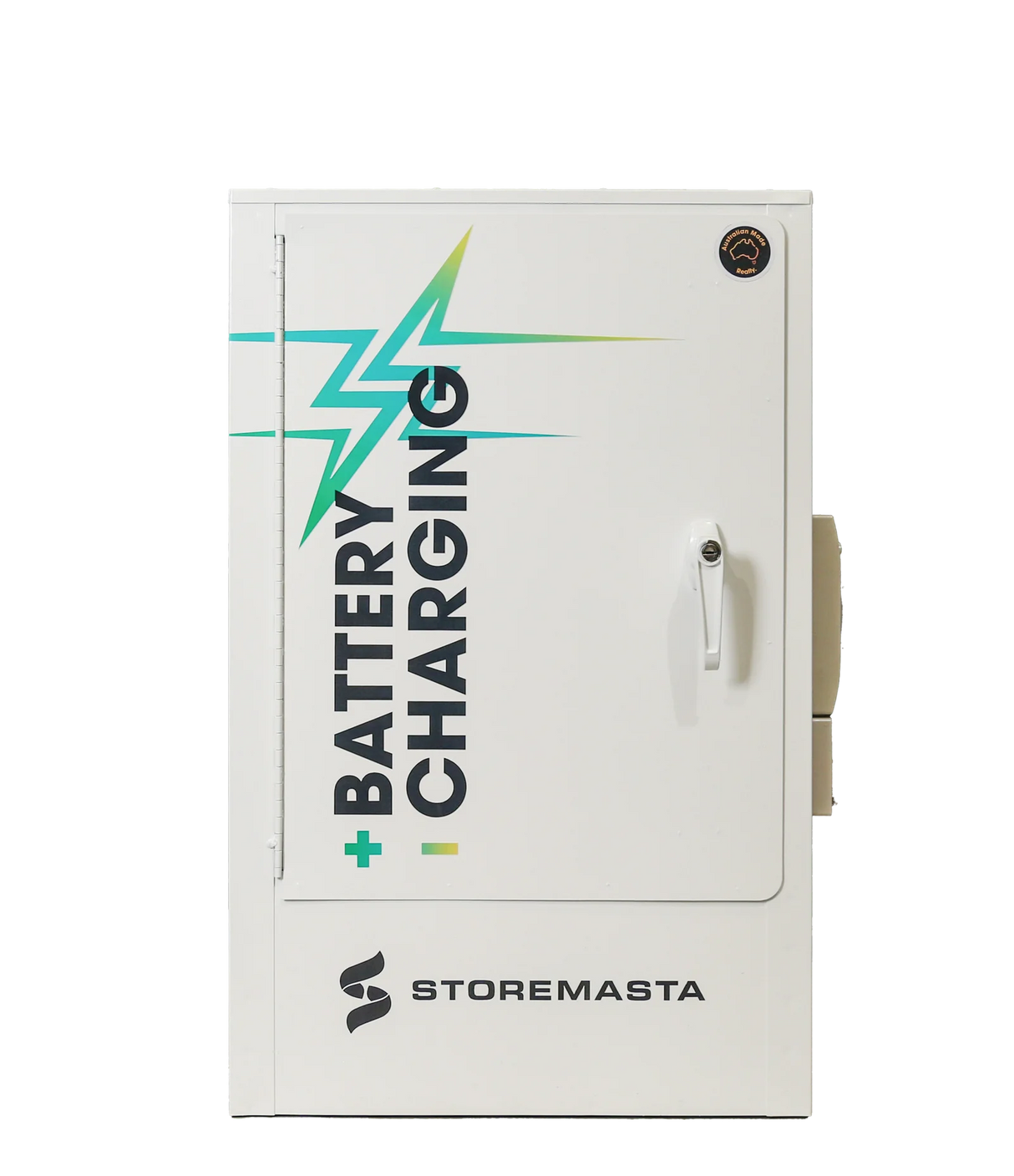 A white outlet battery charging cabinet with a label displaying 'BATTERY CHARGING' and the brand 'STOREMASTA'.