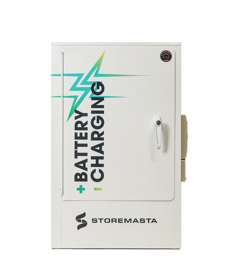 A white outlet battery charging cabinet with a label displaying 'BATTERY CHARGING' and the brand 'STOREMASTA'.