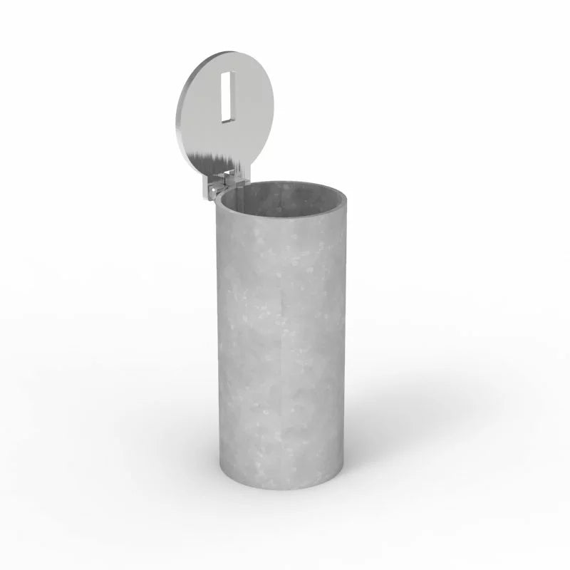 Metallic cylindrical container with a lid on a white background