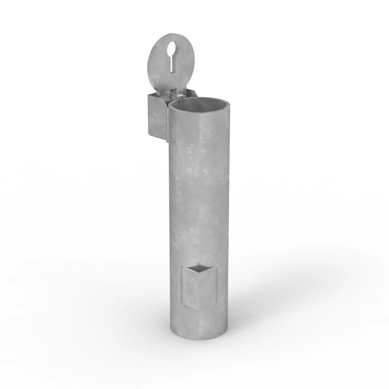 Metallic cylindrical object with a hook on a white background