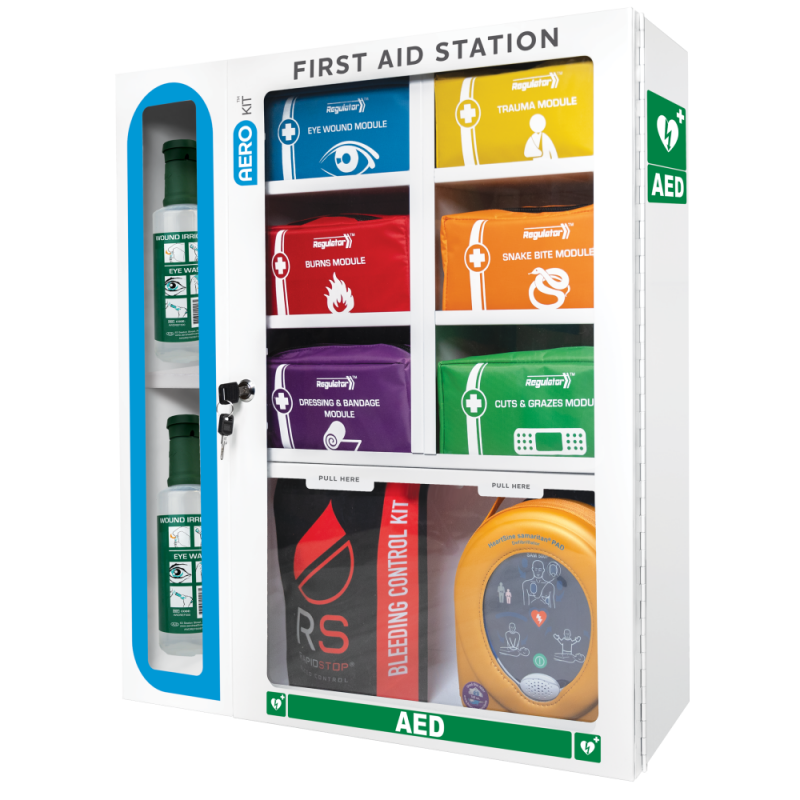 AEROKIT First Aid Station with 6 Modules, displayed as a comprehensive first aid kit with various interchangeable modules for emergency situations. Visible are modules for eye wash, defibrillator, and bleed control, among others.