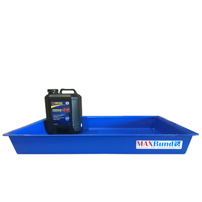 A blue heavy-duty drip tray with a black container on top, featuring the MAX Bund brand logo.