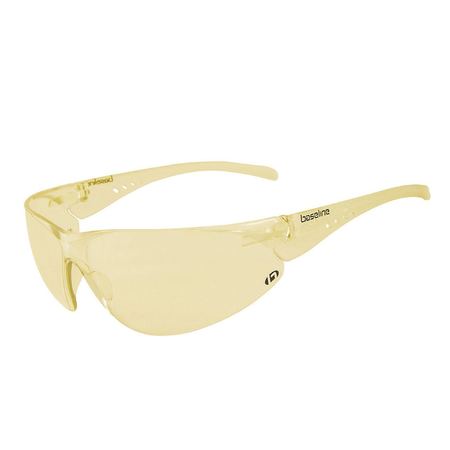 A pair of protective eyewear with an amber yellow lens and a polycarbonate frame.
