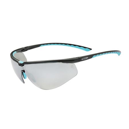 Protective eyewear with black and blue frame, silver mirror lens, and a soft brow bar.