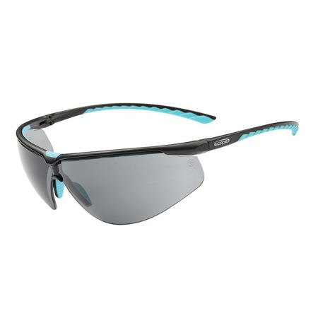 A pair of sports-inspired protective eyewear with a black and blue frame and smoke gray lenses.