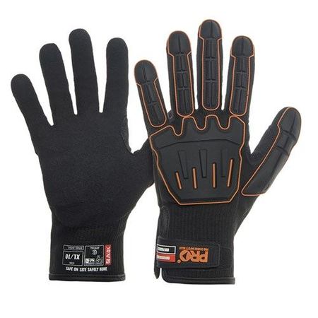 A pair of black safety gloves with orange detailing, featuring a Velcro cuff closure and designed for cut protection and grip.