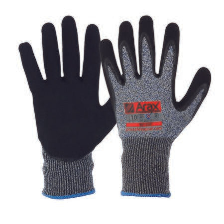 A pair of black and gray Arax safety gloves with nitrile sand dip on a 13G liner, designed for superior grip in wet or greasy conditions.
