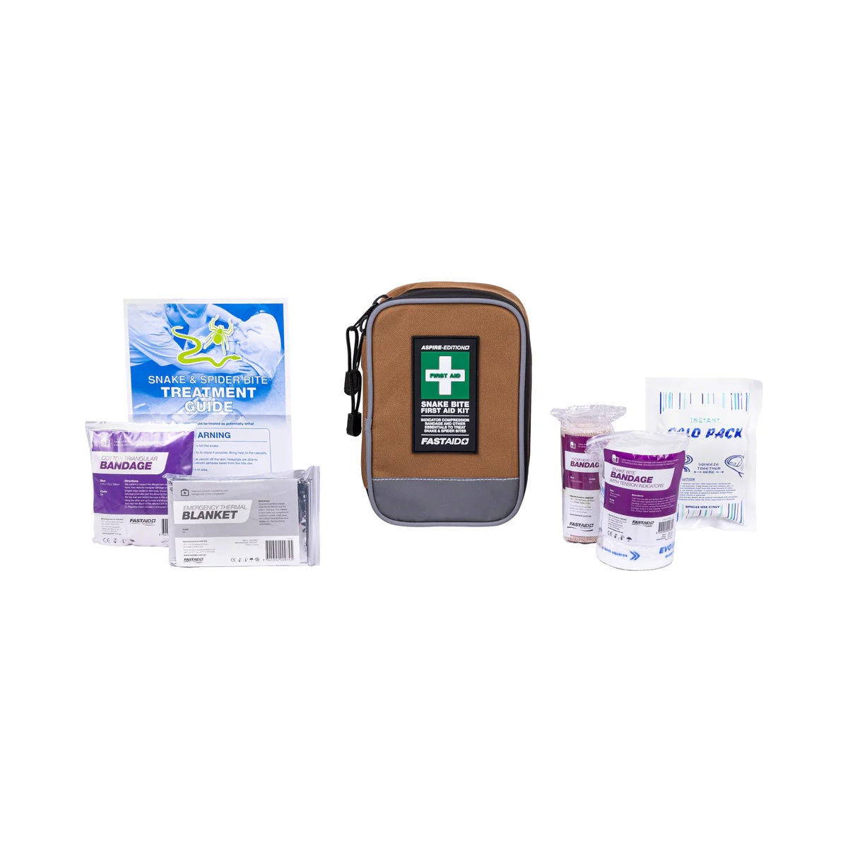 An Aspire-Edition Snake Bite Kit with various contents displayed including a first aid manual, a bandage, and packaging.