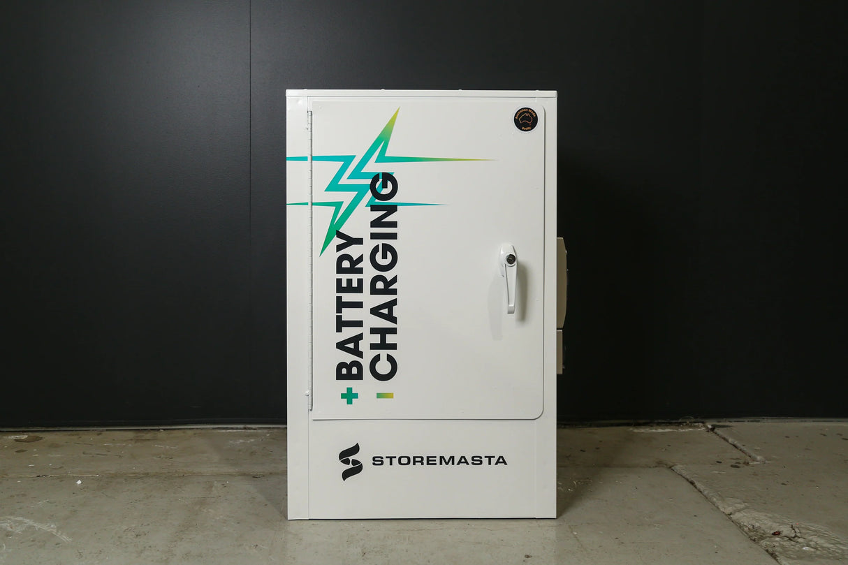 A white battery charging cabinet with green and black branding on the front, labeled 'BATTERY CHARGING' and the brand