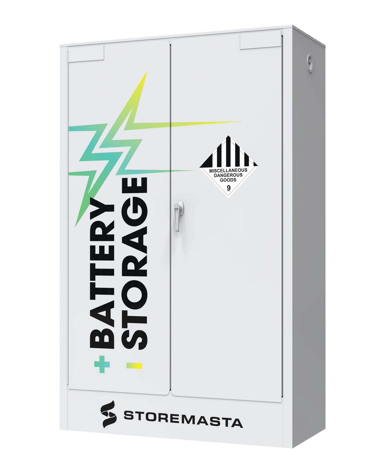 A white Storemasta battery storage cabinet with a label depicting a battery and lightning symbol, indicating it is for battery storage.