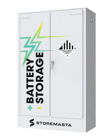 A white Storemasta battery storage cabinet with a label depicting a battery and lightning symbol, indicating it is for battery storage.