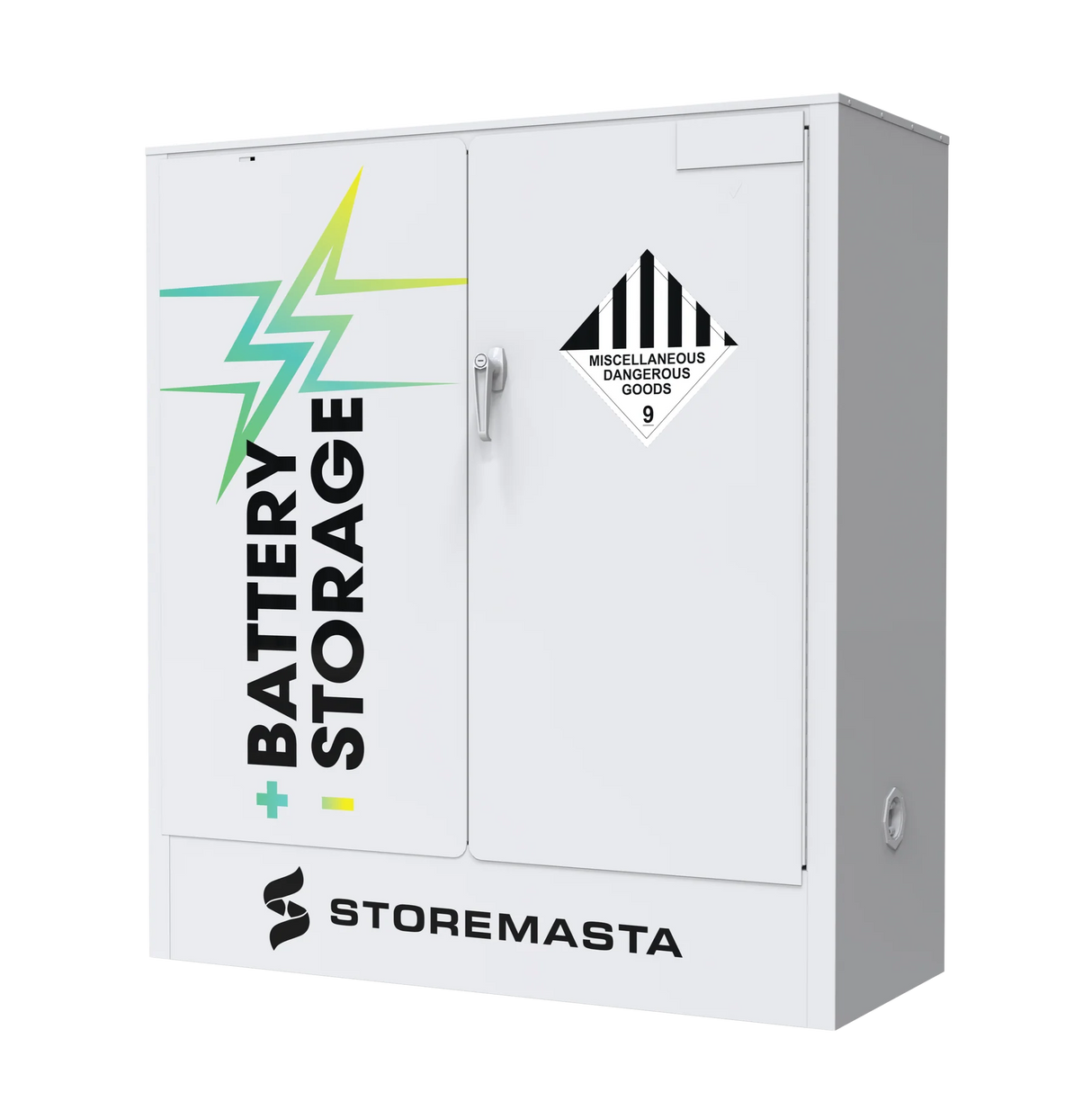 A white battery storage cabinet with the label 'BATTERY STORAGE' and the brand 'STOREMASTA' on the front.