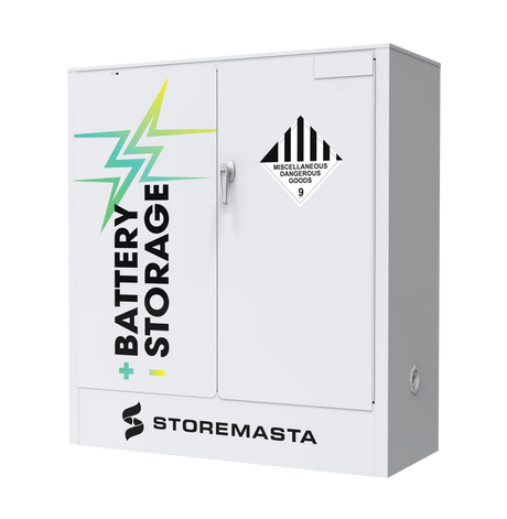 A white battery storage cabinet with the label 'BATTERY STORAGE' and the brand 'STOREMASTA' on the front.