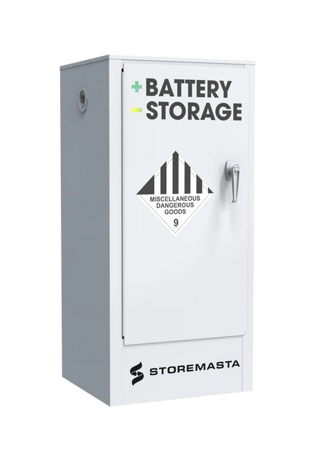 A white Storemasta battery storage cabinet made of sheet steel with a label on the front.