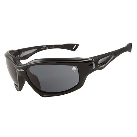 A pair of black frame safety glasses with smoke lenses and a unique air-filled rubber nose bridge.