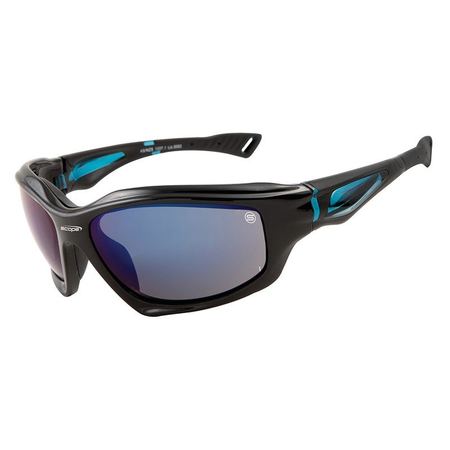 A pair of black frame safety glasses with blue mirrored lenses and a rubber nose bridge.