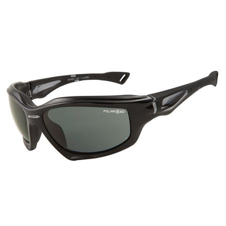 A pair of black frame sunglasses with polarized lenses and a nose bridge.