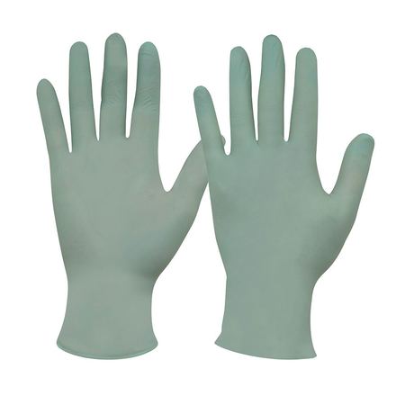 A pair of green disposable nitrile gloves.