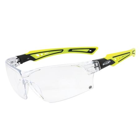 Protective eyewear with green and black temples and clear lens.