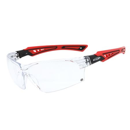 Protective eyewear with red and black temples and clear lens.