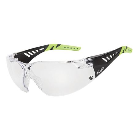 Protective eyewear with a frameless design, featuring black and lime green temple arms and a clear lens.