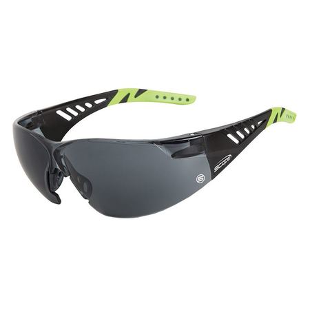 A pair of frameless protective eyewear with black and lime green temples and smoke gray lens.