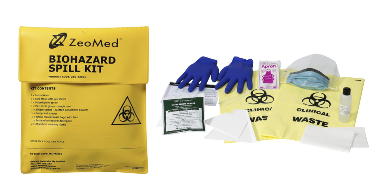 Body Fluid Biohazard Spill Kit satchel, gloves, waste bags, ppe mask, wipes