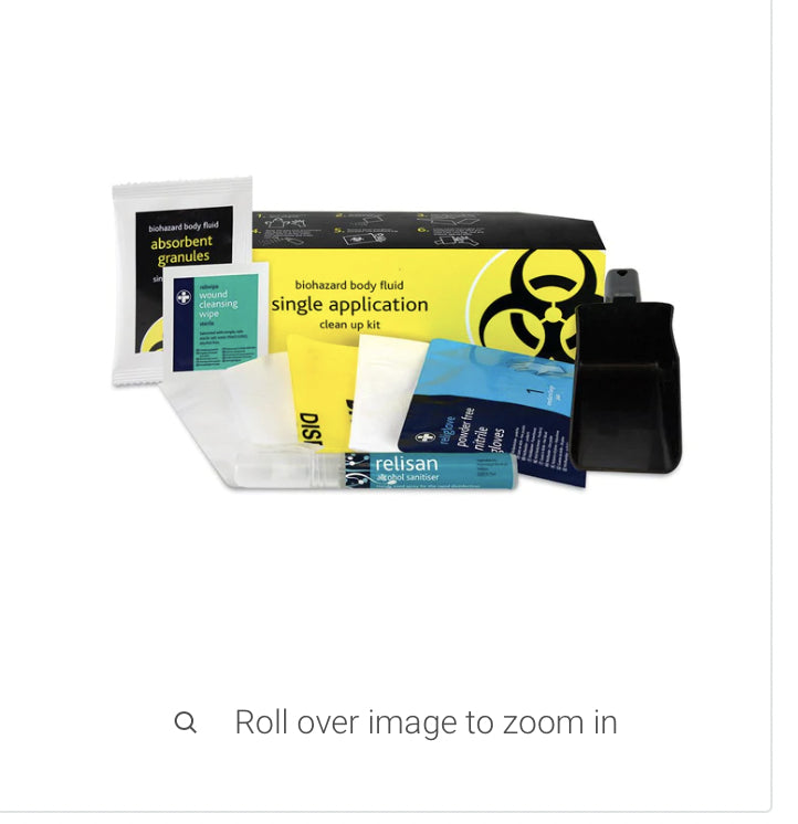 Body Fluid Spill Kit Box, with contents of applications for clean up