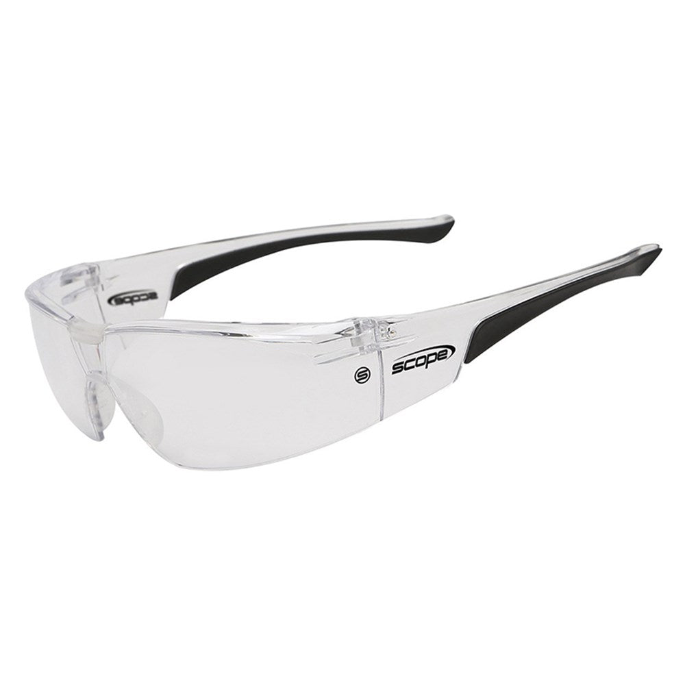 Clear lens safety glasses with a polycarbonate frame, featuring a soft rubber nose bridge and flared side temples.
