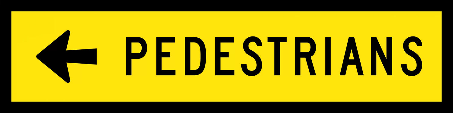 A sign with a yellow background and black text and arrow indicating the direction of pedestrian traffic.