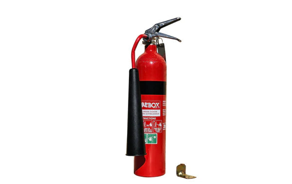 Red fire extinguisher with visible 'REBOX' branding on a white background
